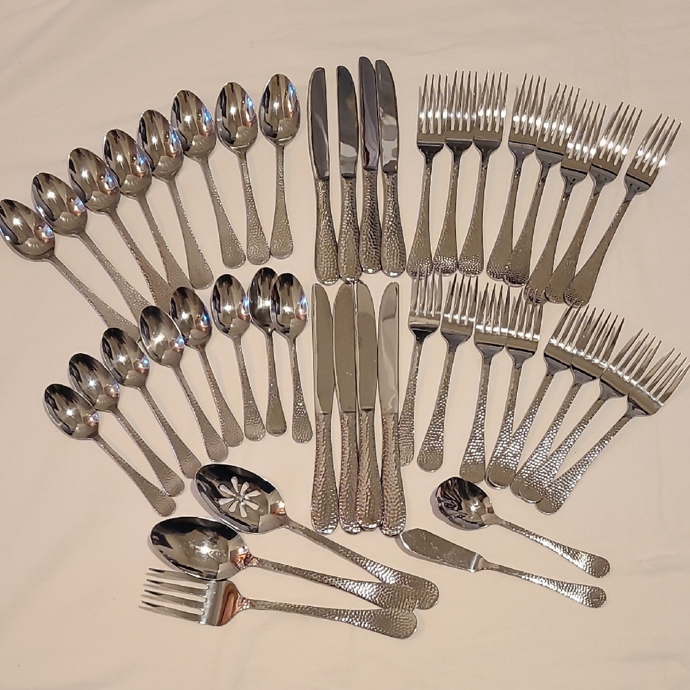 Towle Stainless Living Collection 45 Pieces, Hammered Flateware Silverware Fork